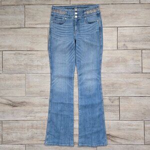 White House Black Market Extra High Rise Skinny Flare Jeans Boho Stitching 4